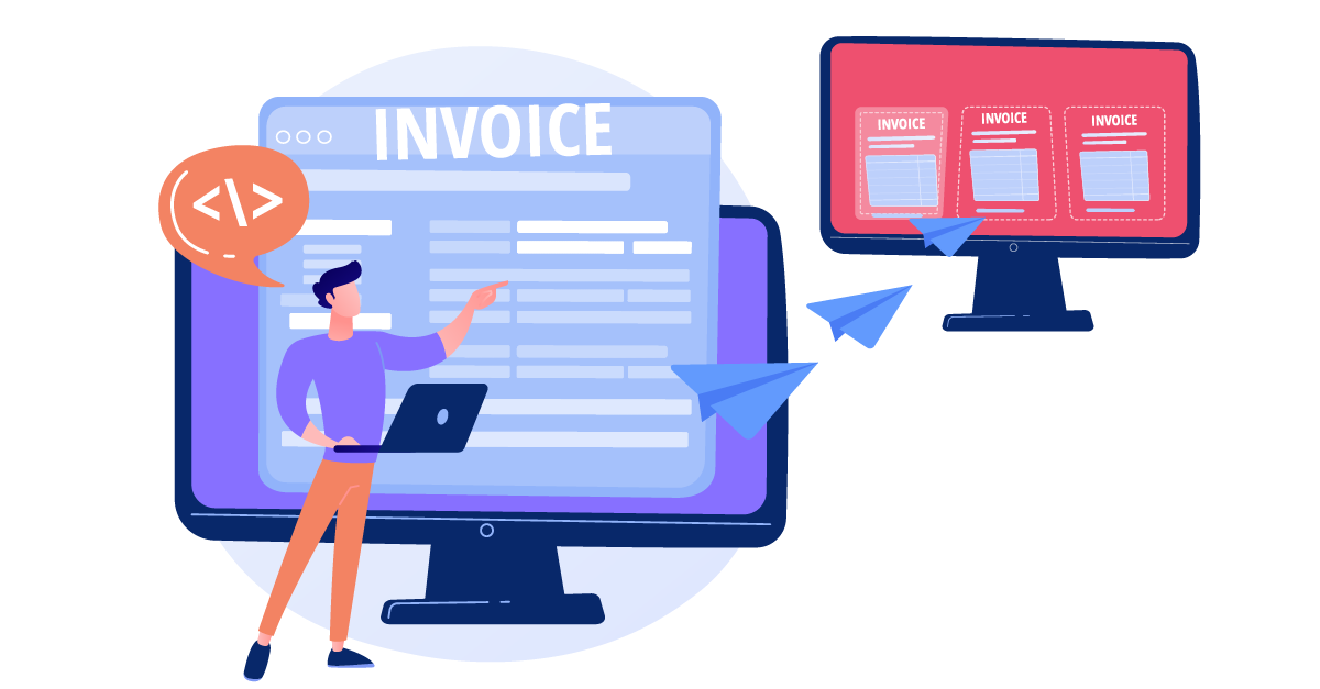 Illustration of an e-invoice concept, where invoices are sent and received electronically in accordance with new compliance requirements.