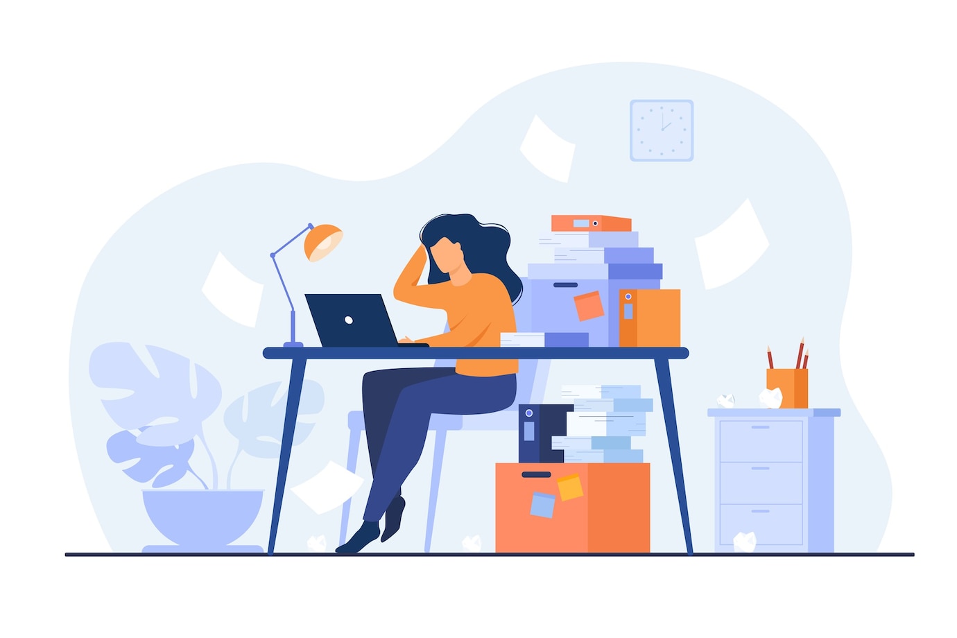 tired-overworked-secretary-accountant-working-laptop-near-pile-folders-throwing-papers-vector-illustration-stress-workaholic-busy-office-employee-concept_74855-13264